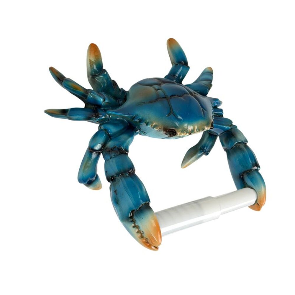 Blue Crab Wall Mount Toilet Paper Holder Glossy Resin 8.75 Inch Coastal